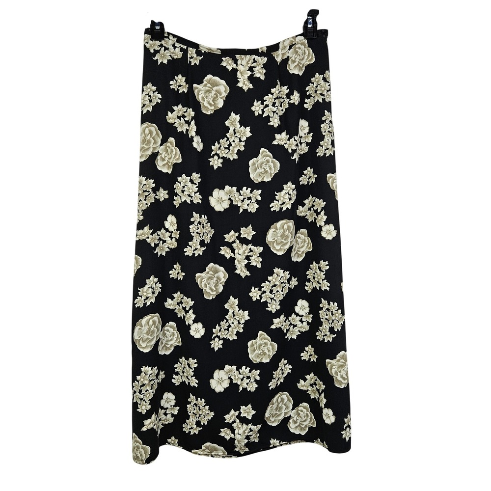Cottagecore Black Tan Floral Side Zip Midi Skirt L Vintage Retro Grandma Grunge